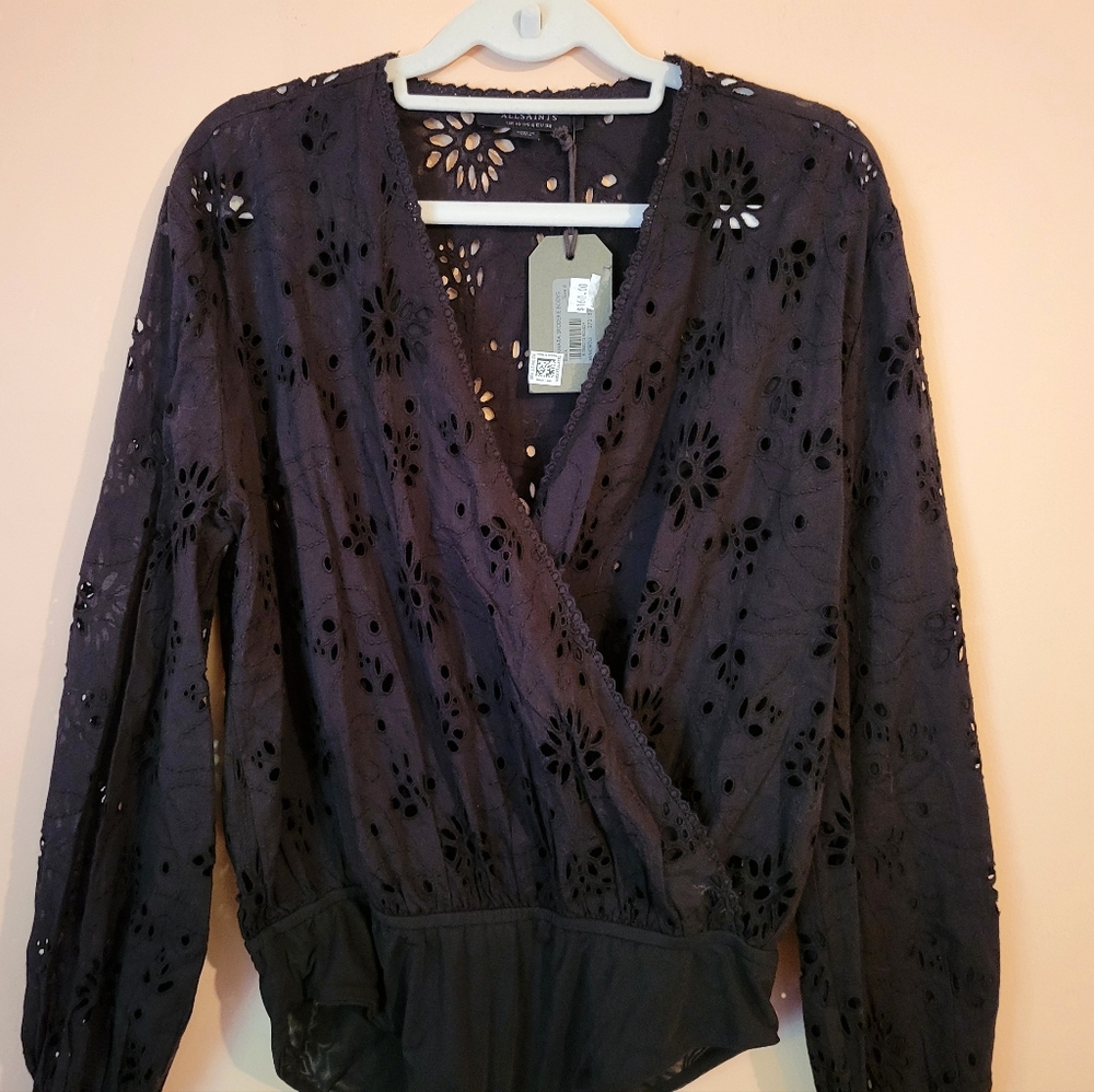 All Saints Black Amara Broderie Bodysuit, Eyelet Design, NWT, Size 6 - Picture 7 of 16